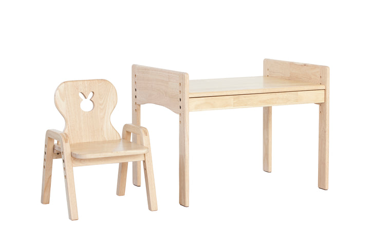 a wooden desk and chair with a white background