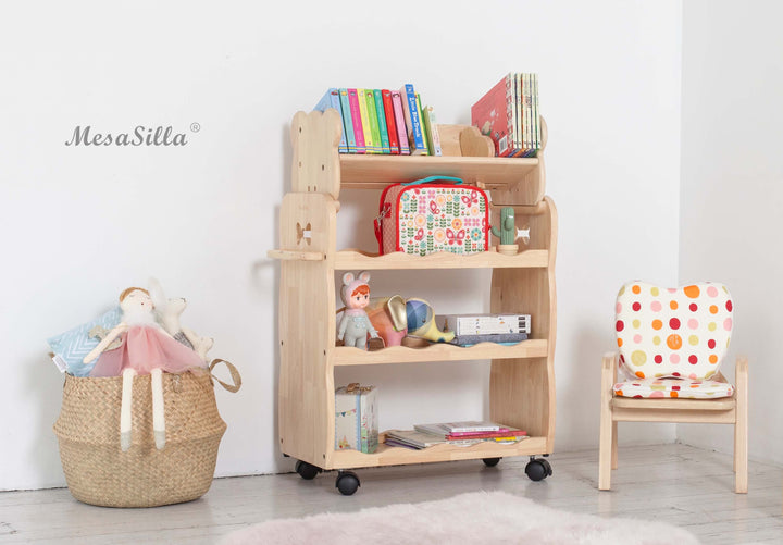 a child's room with a book shelf and chair