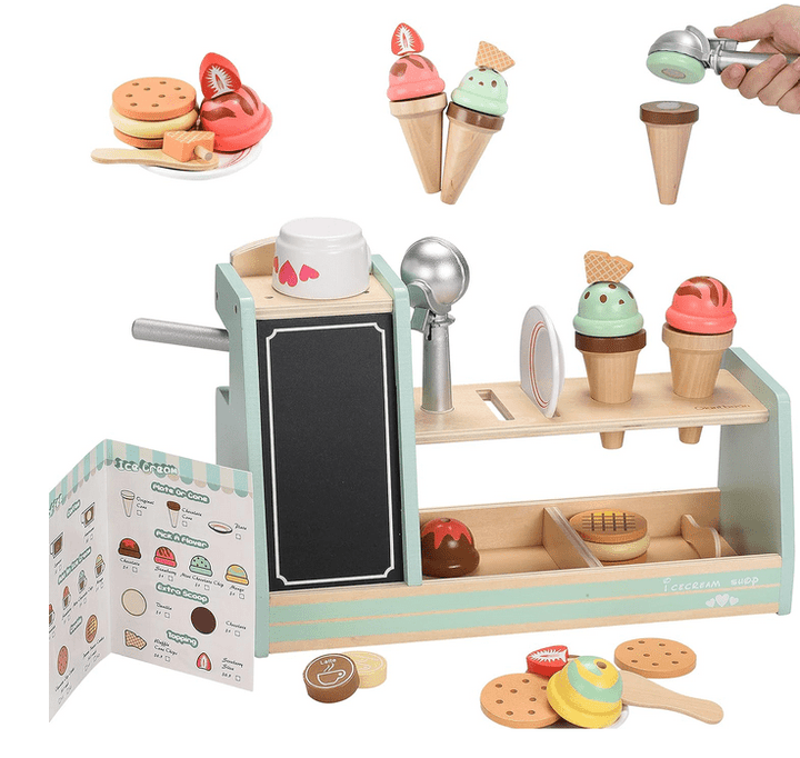 a wooden toy ice cream stand with a chalkboard