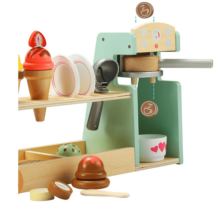 a wooden toy kitchen set with various items