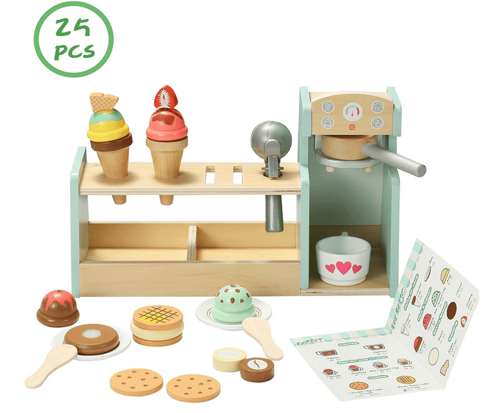 a play kitchen set with cookies and ice cream