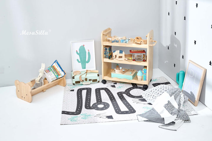 a child's room with a book shelf and toys