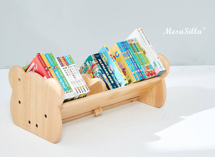 a wooden book holder with books on it