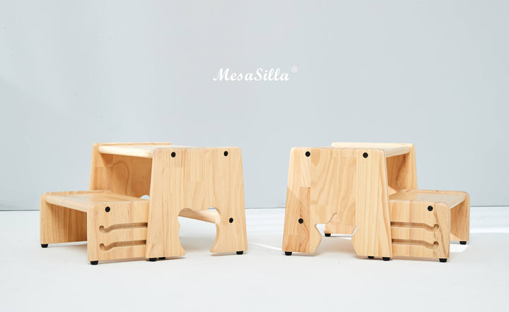 a couple of wooden stools sitting next to each other