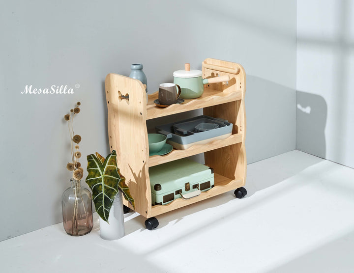 a wooden shelf with various items on it