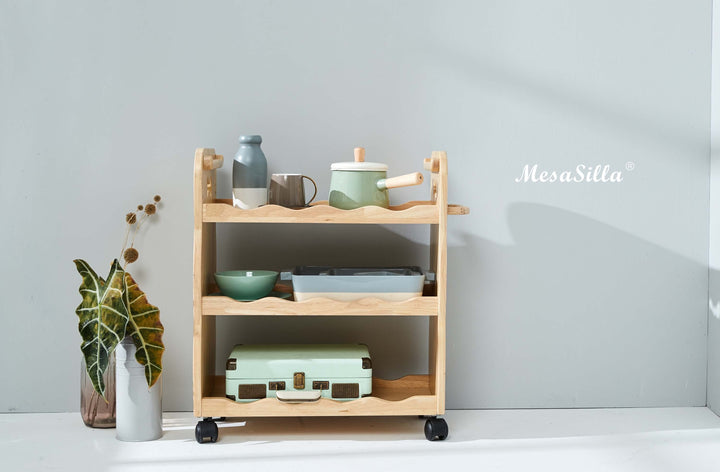 a wooden shelf with dishes and cups on it