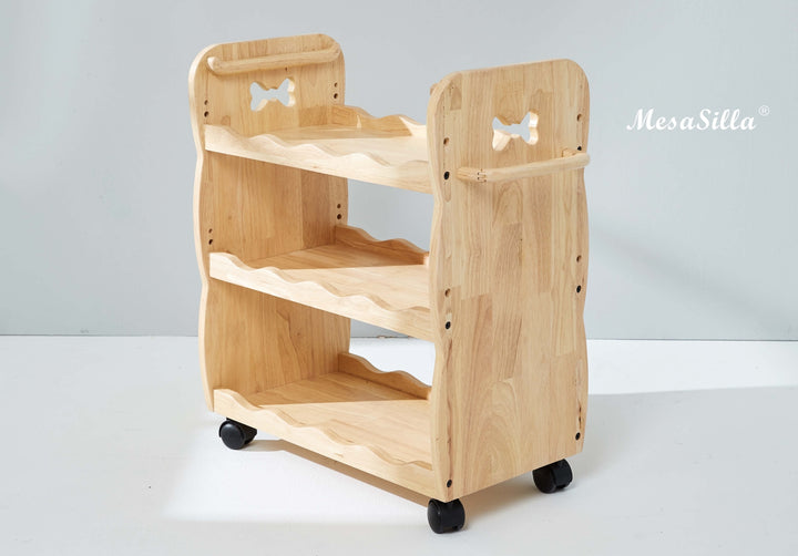 a wooden shelf with three shelves on wheels