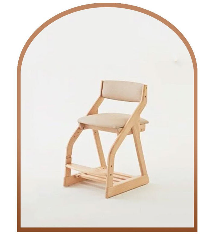 a wooden chair with a white seat and a brown frame