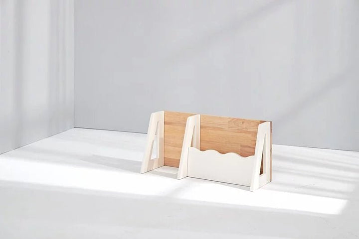 a pair of wooden bags sitting on top of a white floor