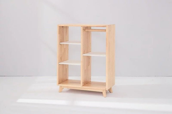 a wooden shelf sitting on top of a white floor