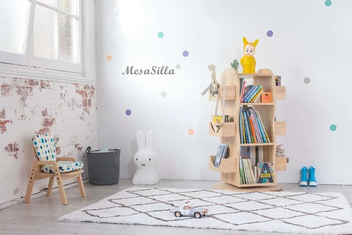 a child's room with a book shelf and toys