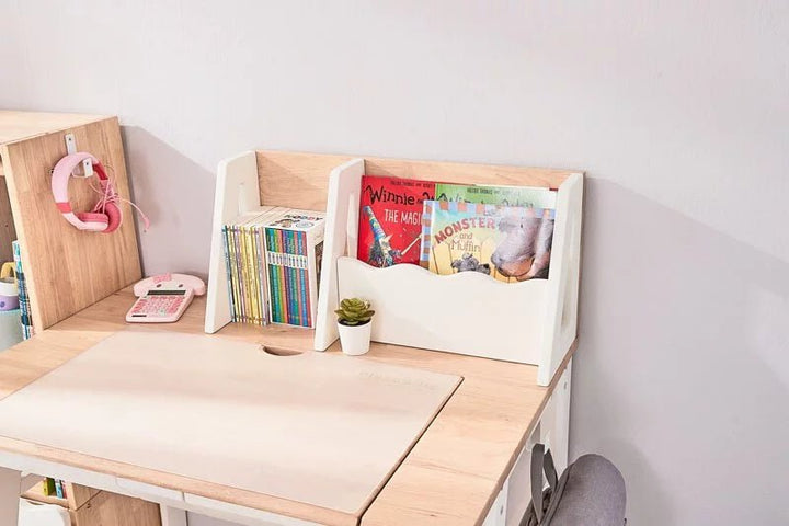 a desk with a book shelf and a desk chair