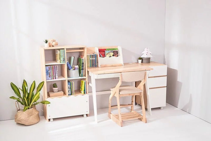 a desk with a chair and a book shelf