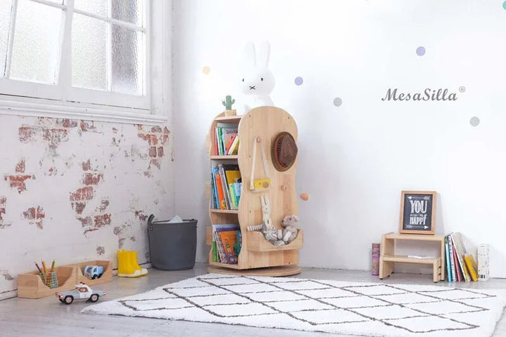 a child's room with a bookshelf and toys