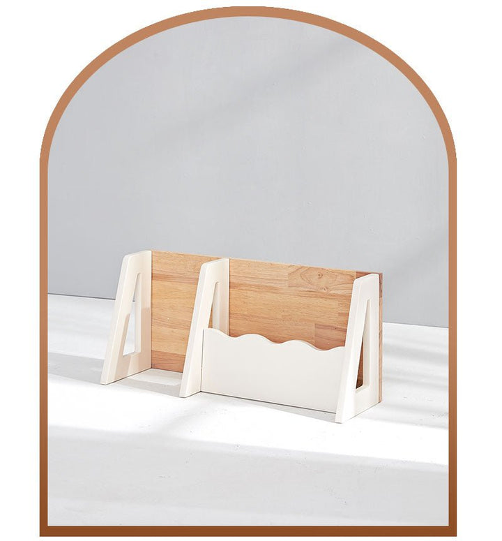 a picture of a wooden shelf with a mirror in the background