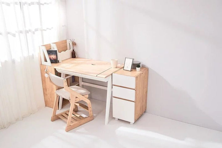 a white desk with a wooden chair next to it