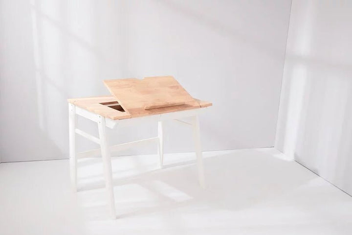 a small table with a wooden top on a white floor