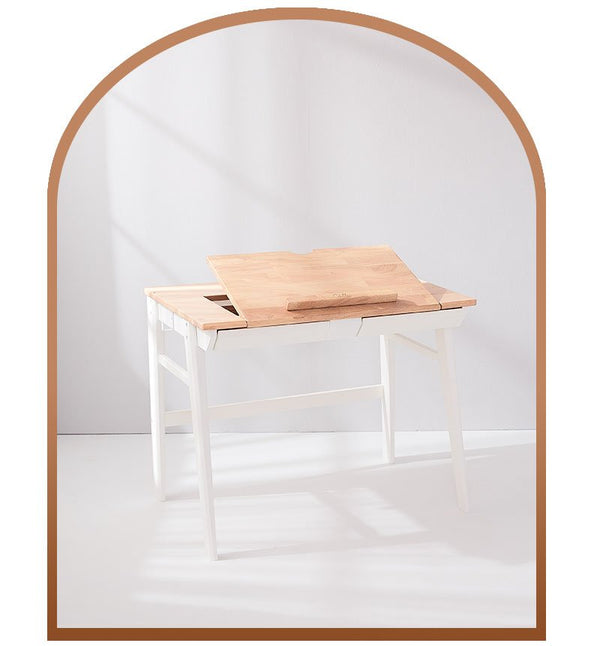 a white desk with a wooden top in an arch