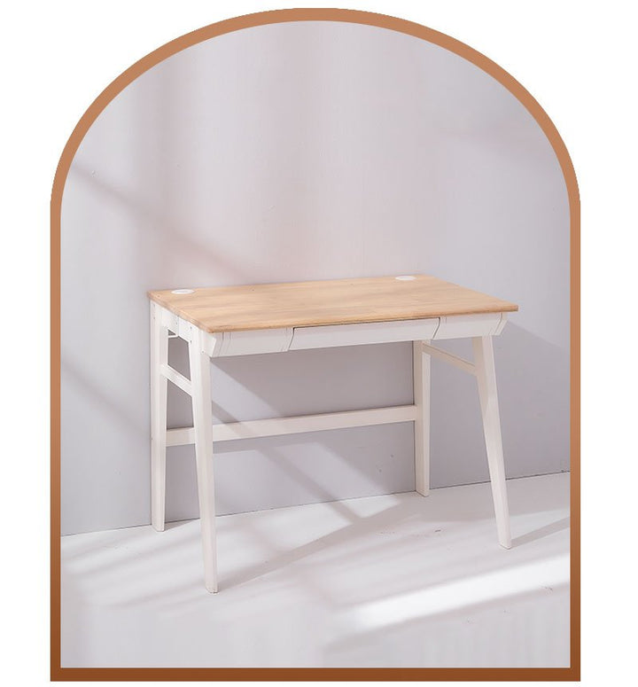 a white table with a wooden top in a room