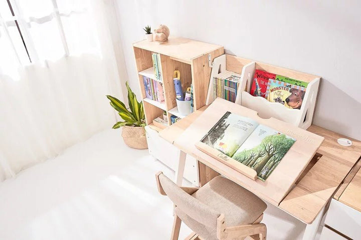 a desk with a chair and a book shelf